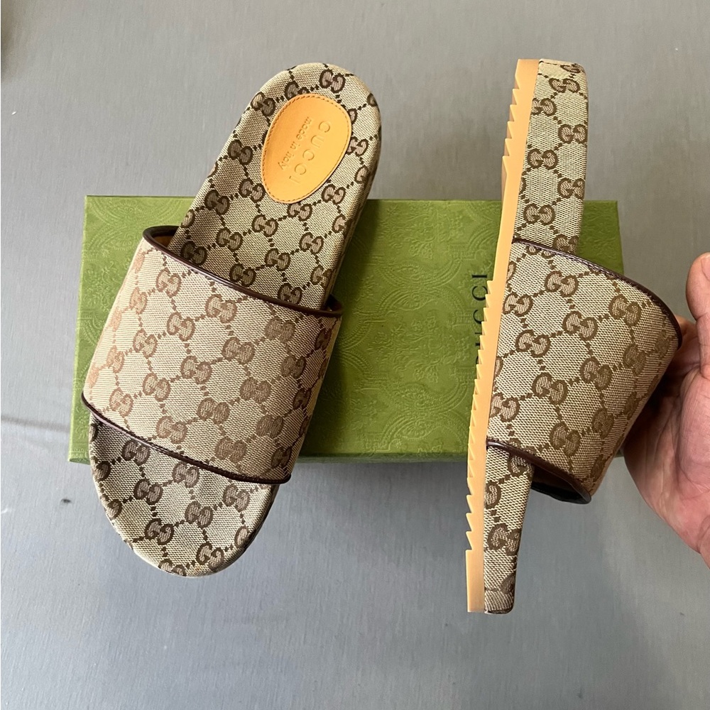 Gucci Tan and Brown Monogram Sandals